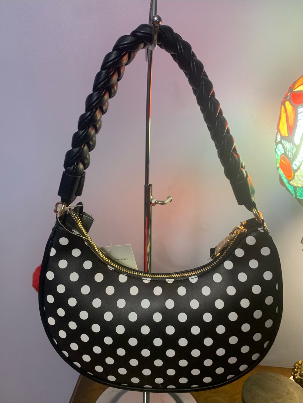 Betsey Johnson Black & White Polka Dot Crescent Satchel with Red Pom Pom - Picture 2 of 13
